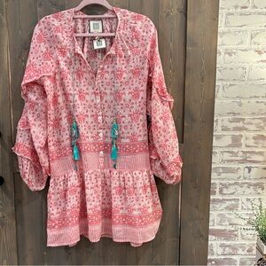 Bell by Alicia Bell Pink Floral Tiered Mini Dress with Tassel Tie Neck